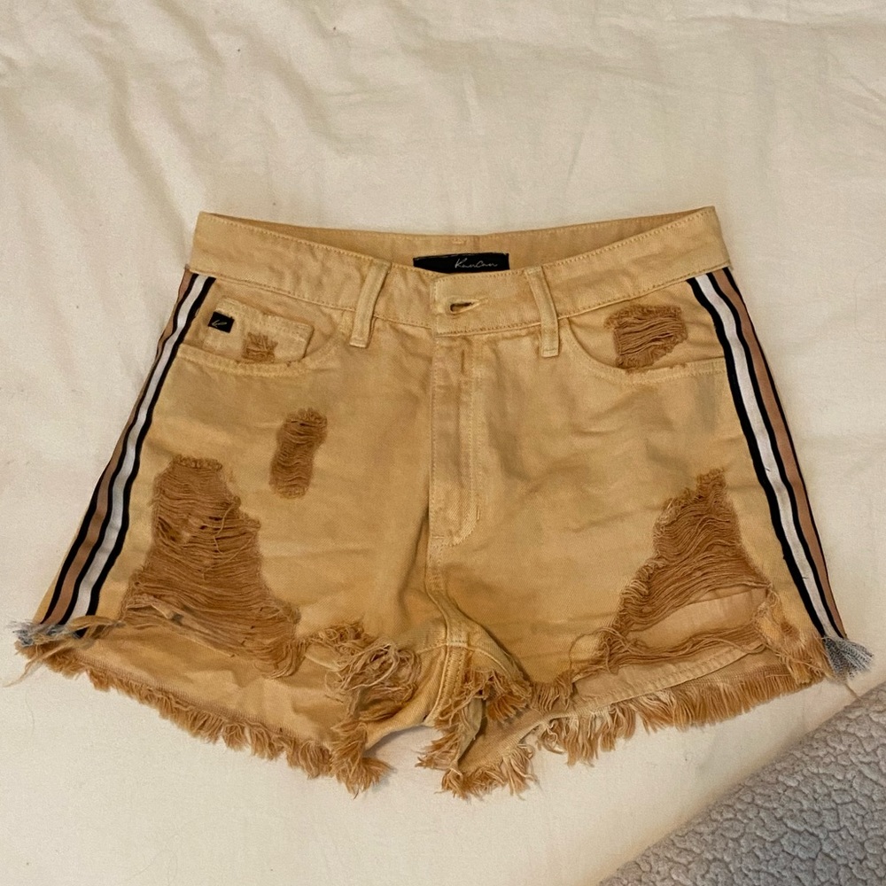Yellow jean shorts distressed